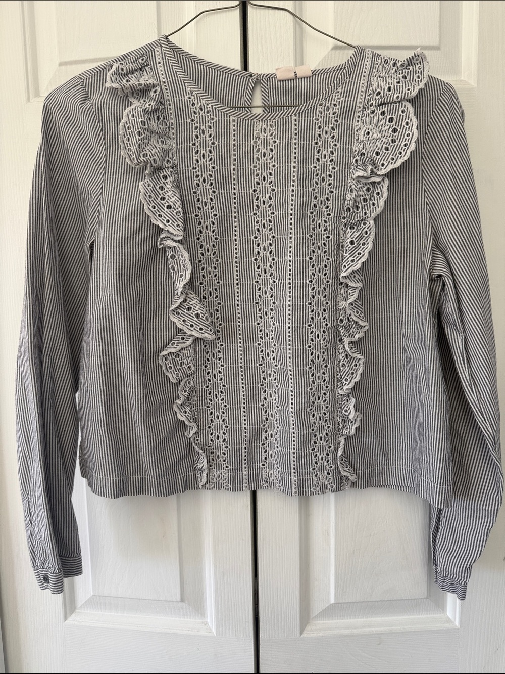 Striped Lace Ruffle Blouse in Light Blue and White, M